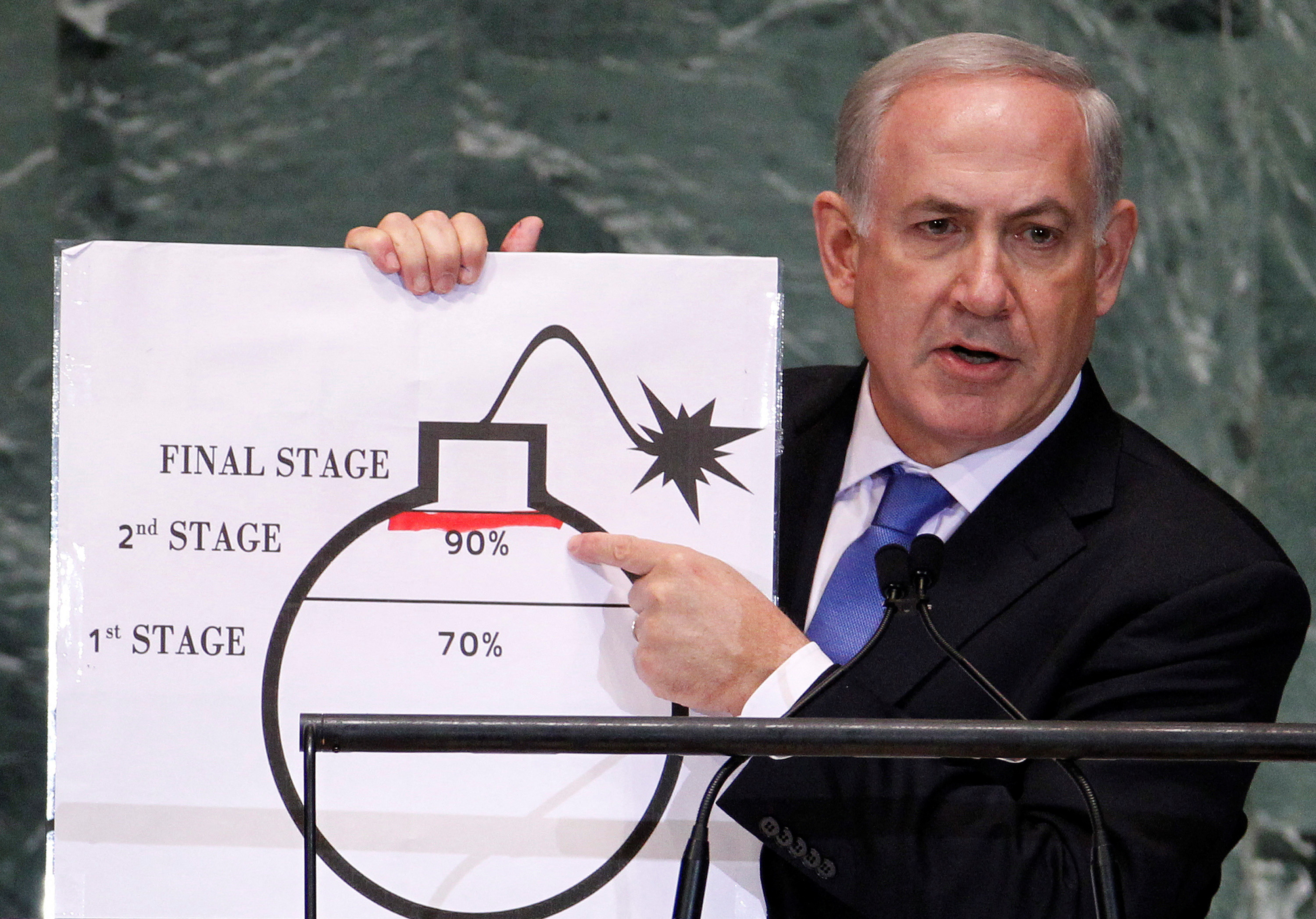 FILE PHOTO: Israel's Prime Minister Netanyahu points to red line he drew on graphic of bomb used to represent Iran's nuclear program, in New York