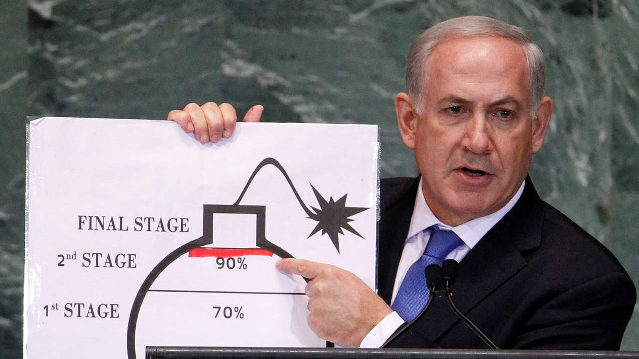 FILE PHOTO: Israel's Prime Minister Netanyahu points to red line he drew on graphic of bomb used to represent Iran's nuclear program, in New York