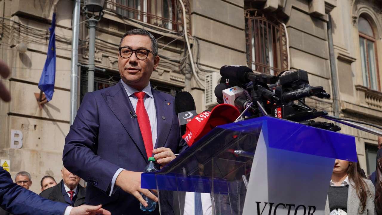 Victor Ponta talks to media after submitting his candidacy for presidential elections