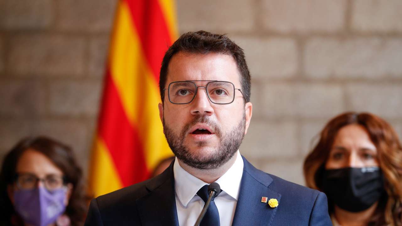 Catalonia's regional President Pere Aragones gives a news conference in Barcelona