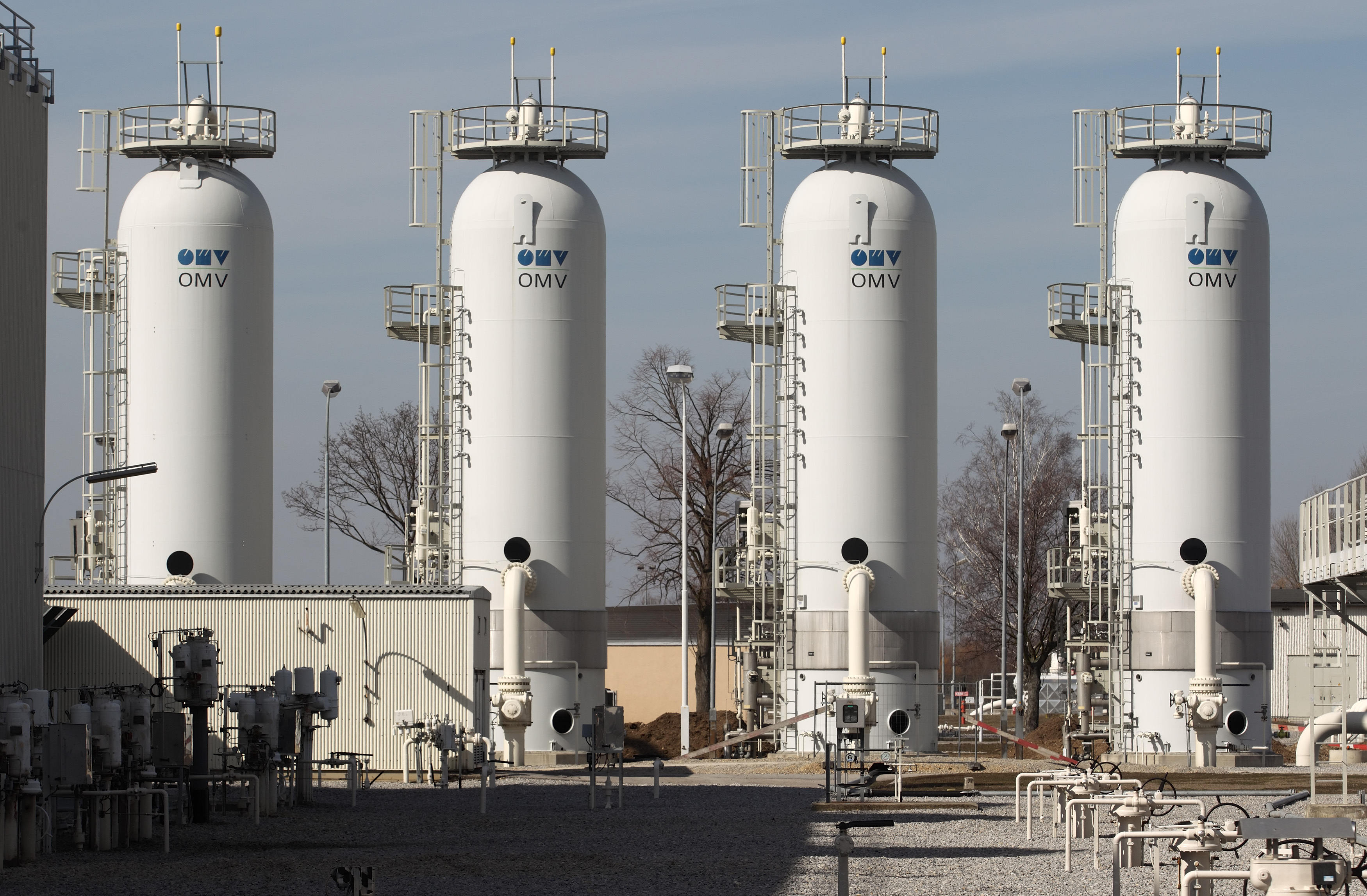 Gas drying towers are pictured at Gas Connect Austria's gas distribution node in Baumgarten
