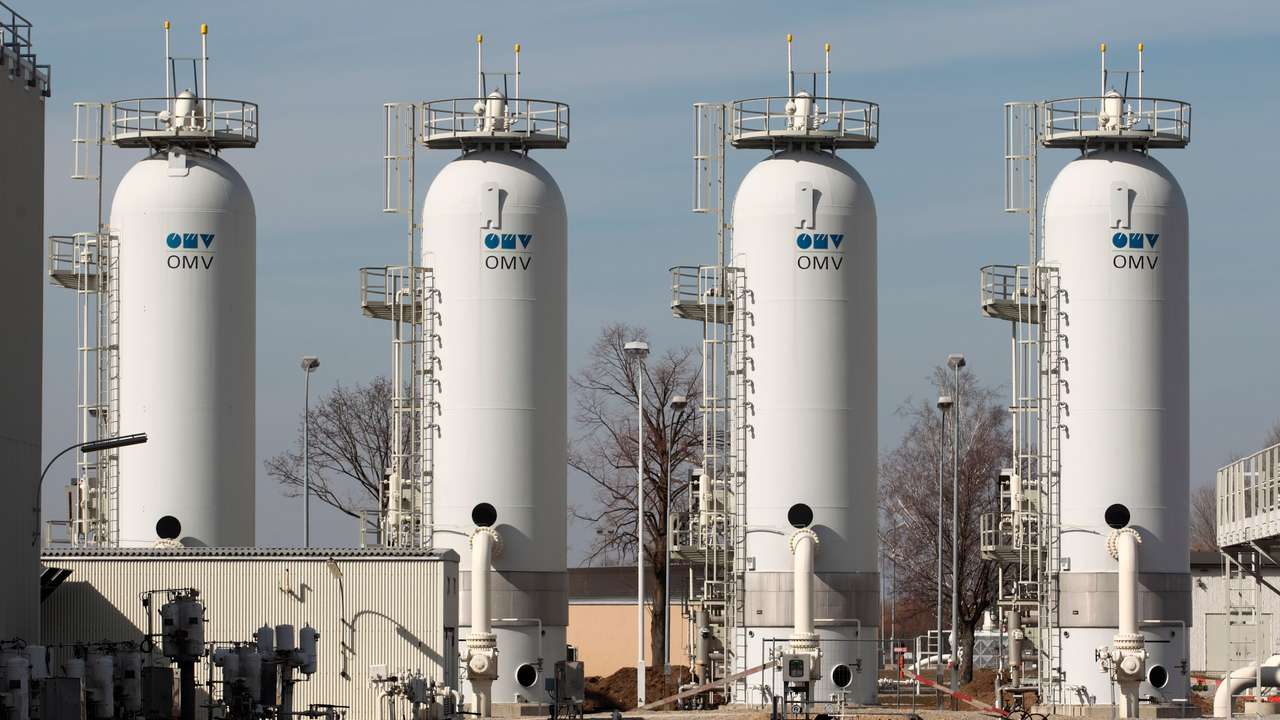 Gas drying towers are pictured at Gas Connect Austria's gas distribution node in Baumgarten