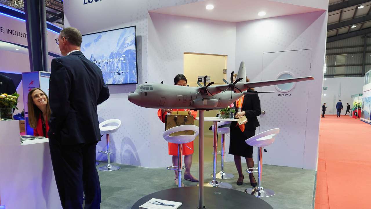 A model of C-130J military transport aircraft displayed at the Vietnam International Defence Expo 2022 in Hanoi