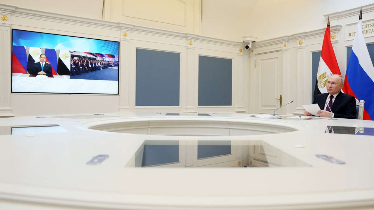 Russian President Putin takes part in the official ceremony for pouring the first concrete into the foundation of power unit 4 at Egypt's El-Dabaa Nuclear Power Plant, via video link in Moscow