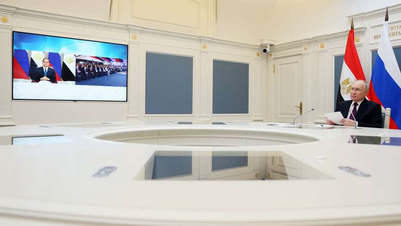 Russian President Putin takes part in the official ceremony for pouring the first concrete into the foundation of power unit 4 at Egypt's El-Dabaa Nuclear Power Plant, via video link in Moscow