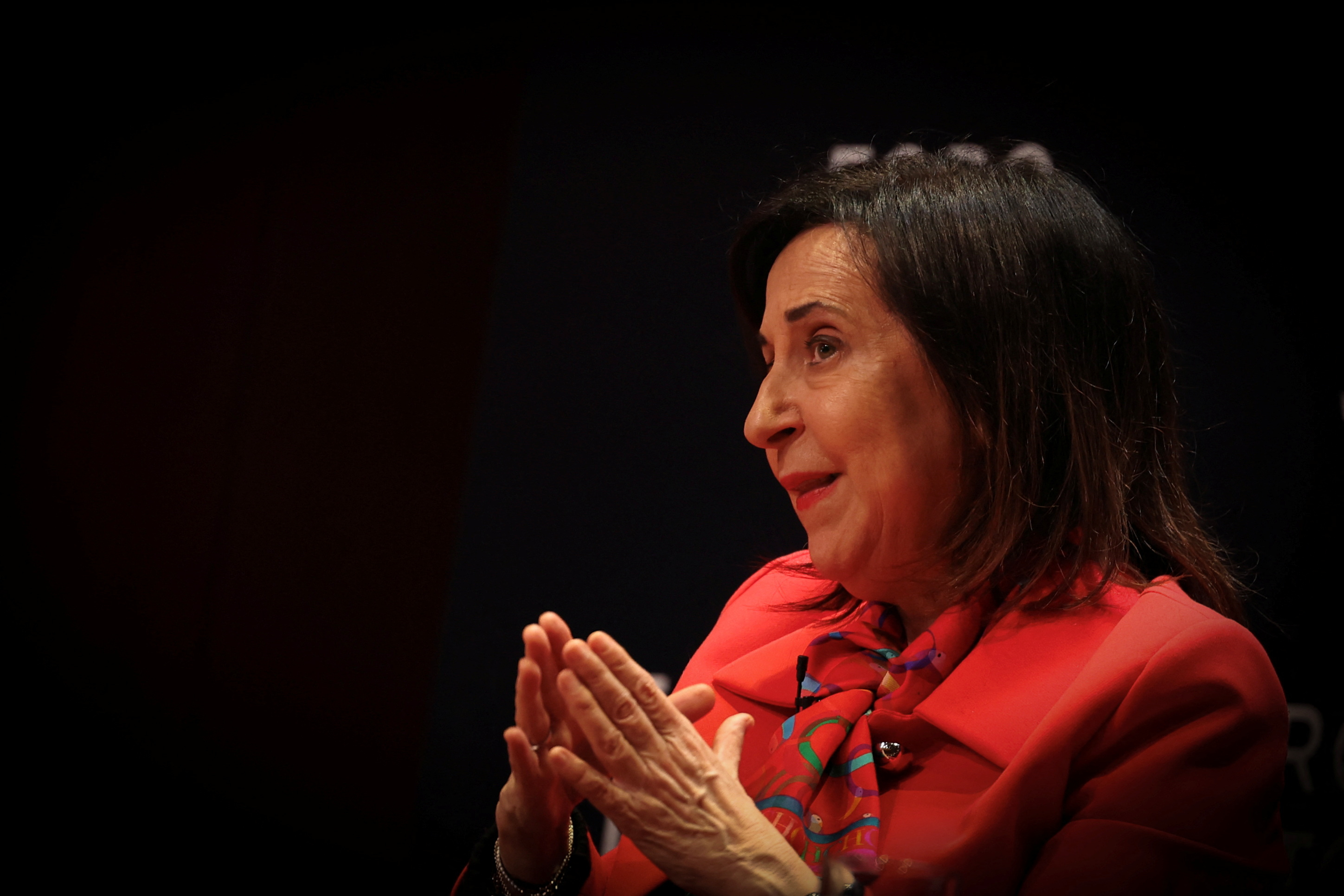 Spanish Defence Minister Margarita Robles speaks during the La Toja Forum on global challenges in Lisbon
