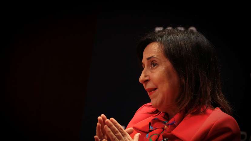 Spanish Defence Minister Margarita Robles speaks during the La Toja Forum on global challenges in Lisbon