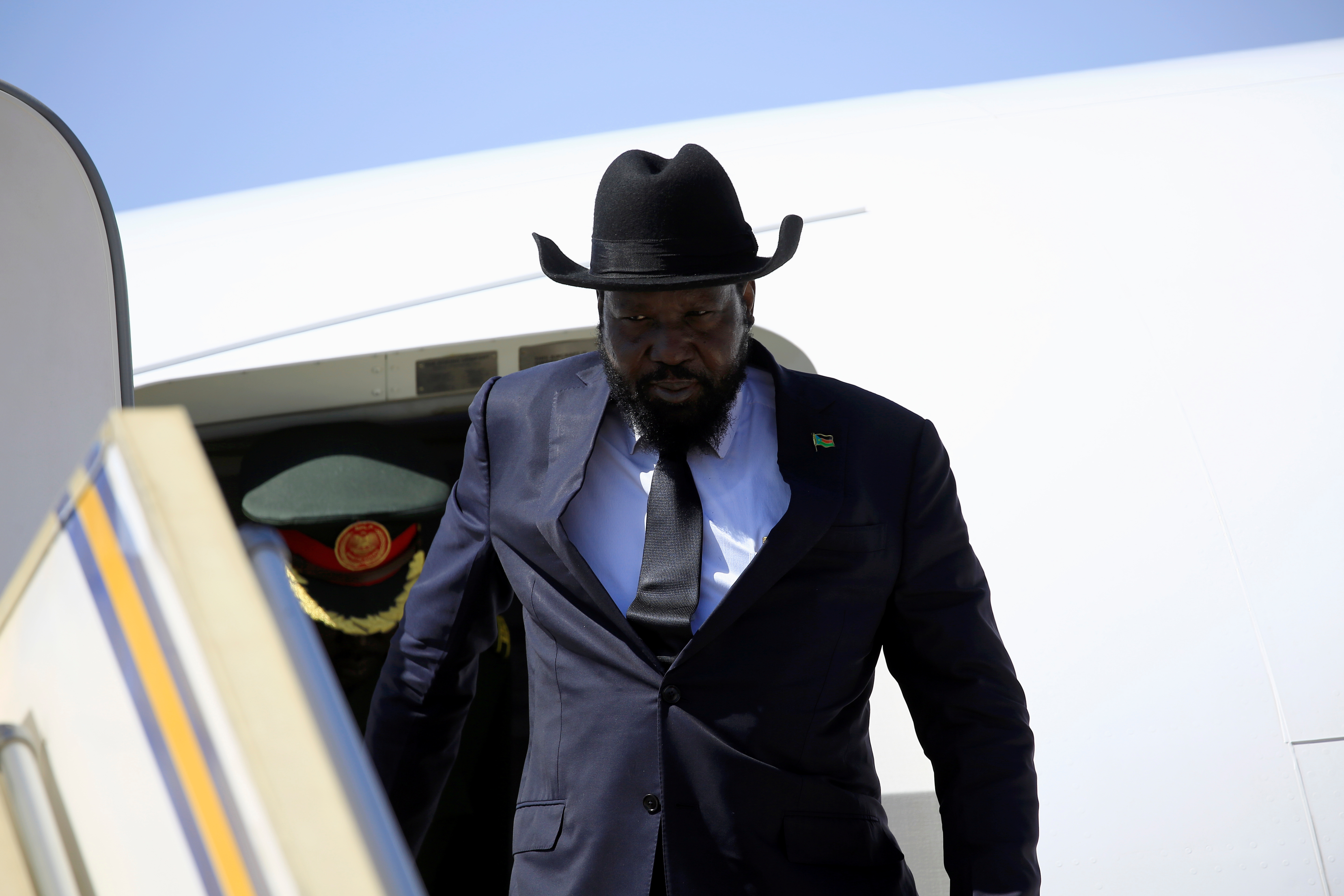 South Sudan's President Salva Kiir Mayardit arrives at Khartoum airport, Sudan