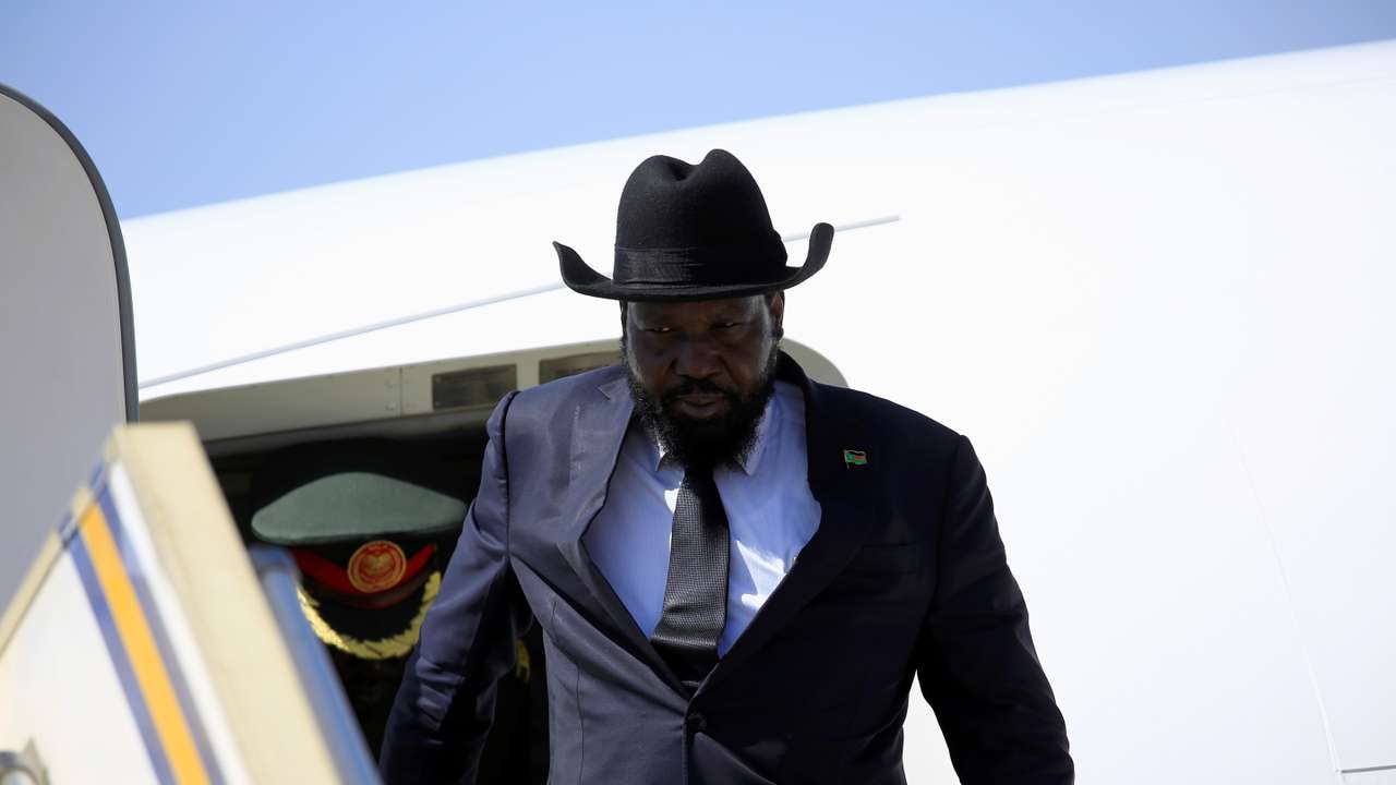 South Sudan's President Salva Kiir Mayardit arrives at Khartoum airport, Sudan
