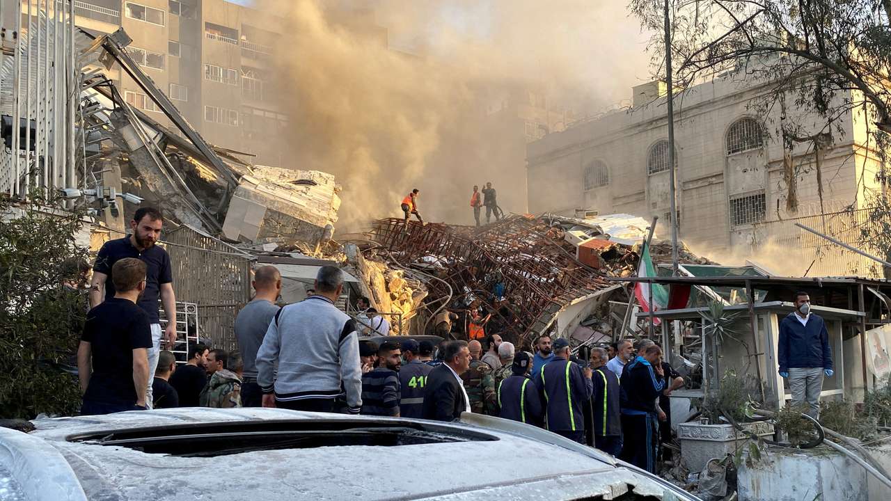 Smoke rises after what the Iranian media said was an Israeli strike on a building close to the Iranian embassy in Damascus