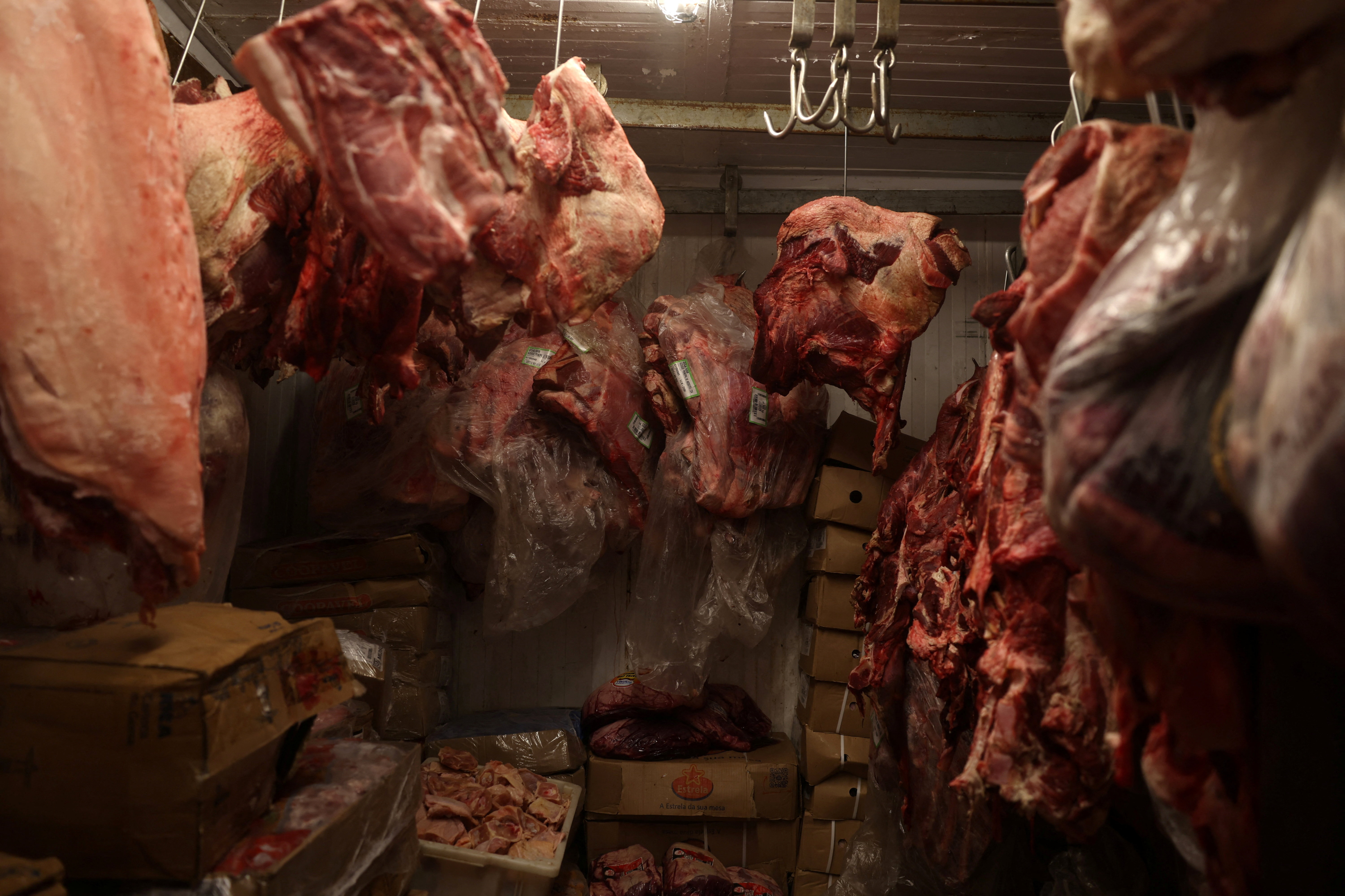 Pieces of meat are stocked inside a refrigerator at a butcher shop in Rio de Janeiro