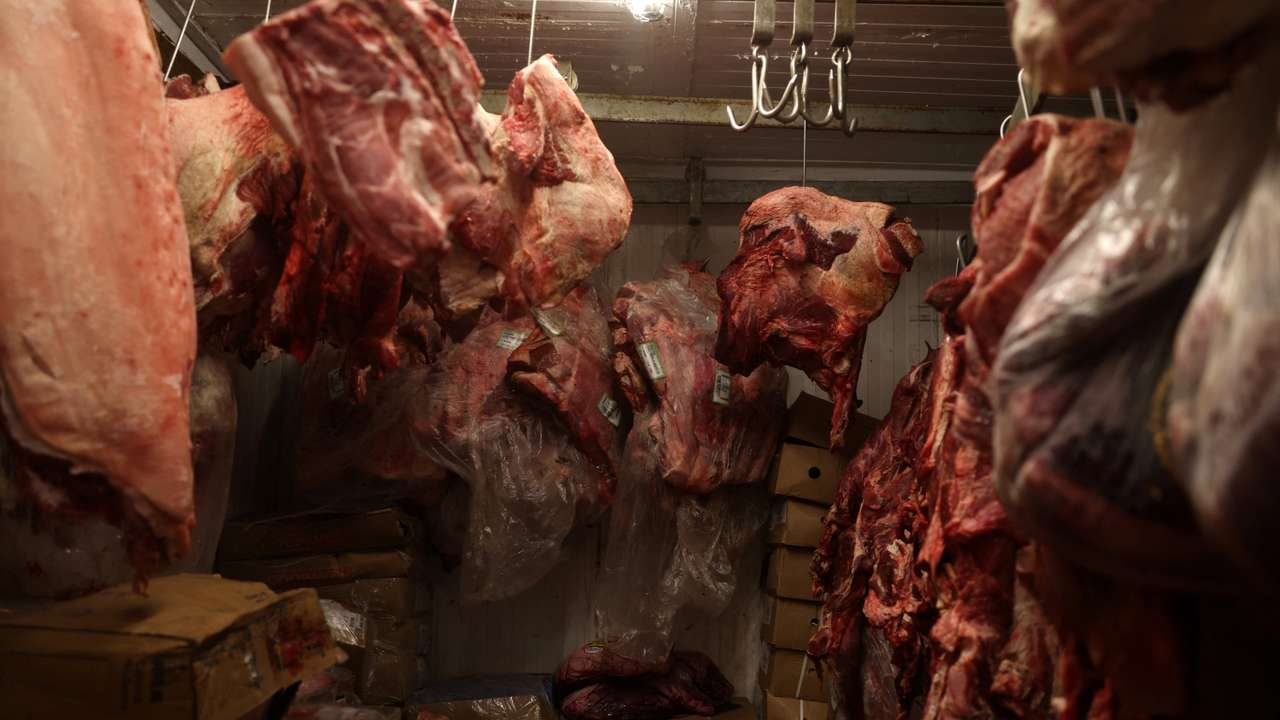 Pieces of meat are stocked inside a refrigerator at a butcher shop in Rio de Janeiro