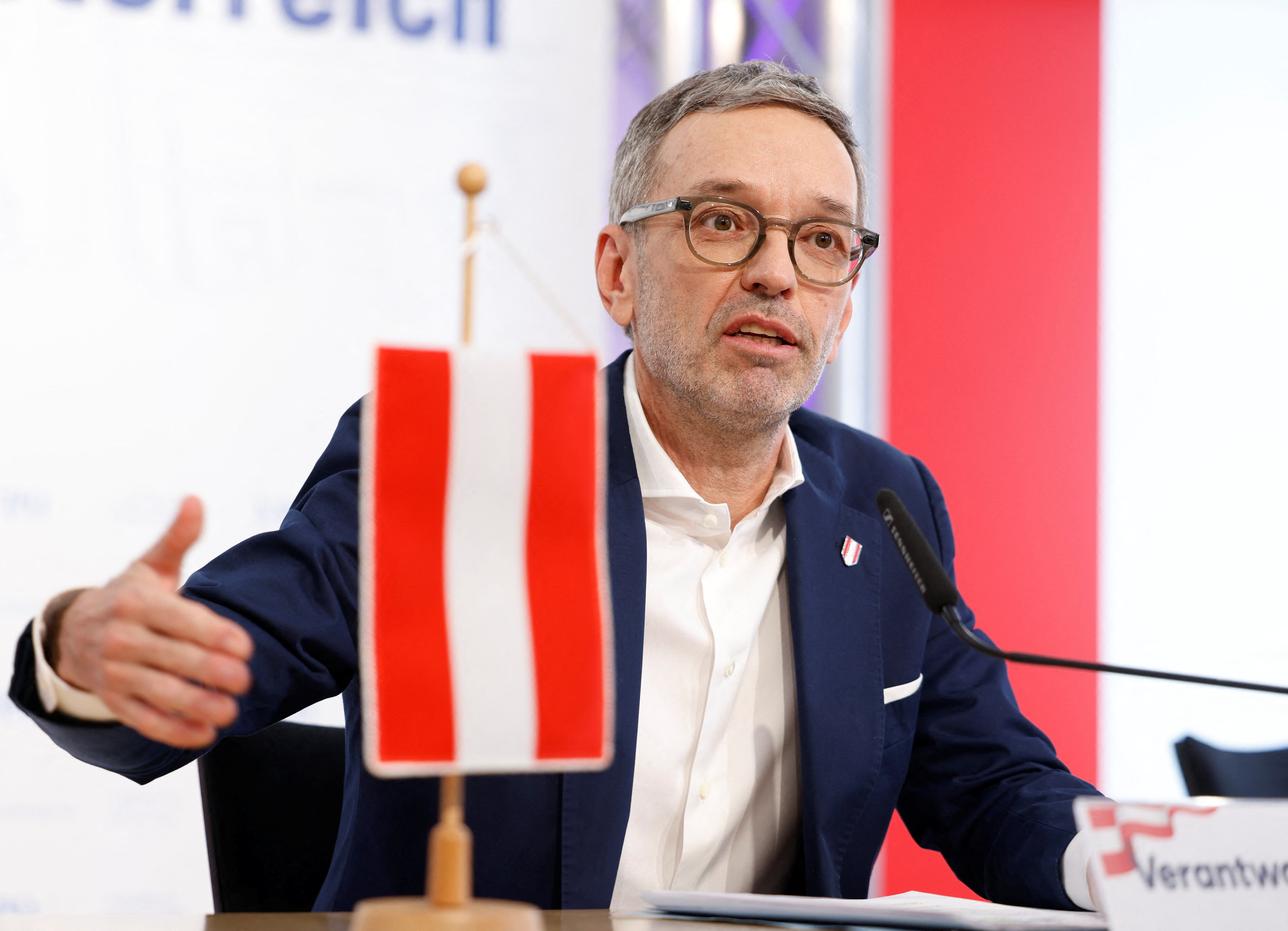 Head of Freedom Party Herbert Kickl addresses the media in Vienna