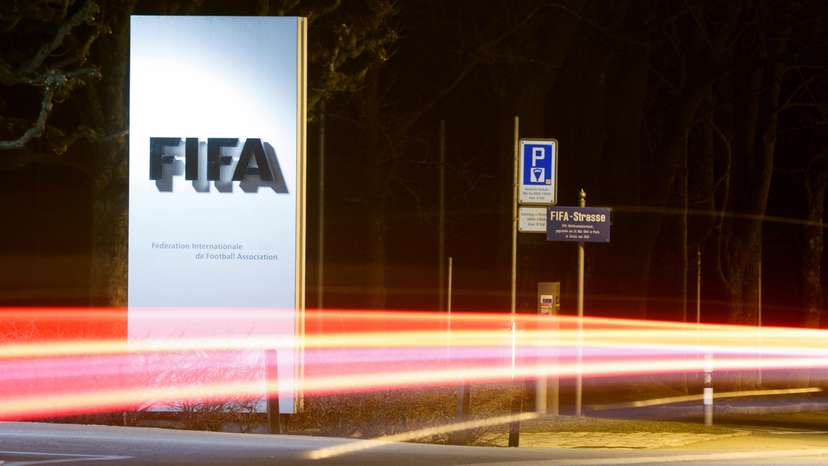 A long exposure shows FIFA's logo near its headquarters in Zurich