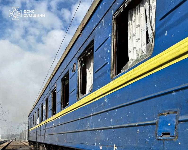 Train attacked by Russian drones at the railway station in Shostka, Sumy region