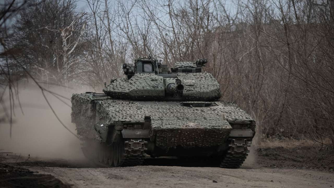 A Ukrainian CV-90 infantry fighting vehicle is driven near the frontline town of Chasiv Yar