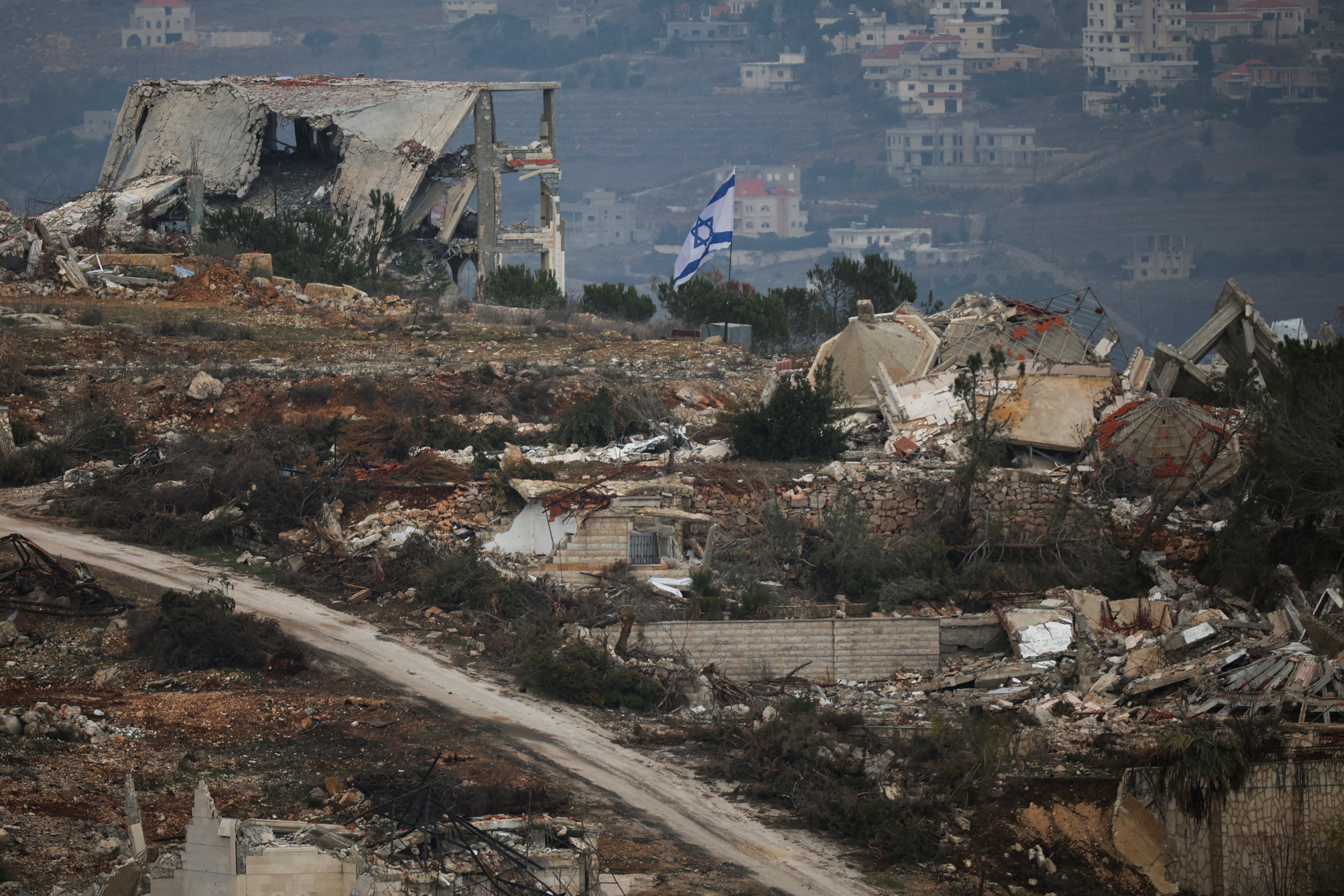 Buildings lie in ruin in Lebanon, near the Israel-Lebanon border, following the ceasefire between Israel and Iran-backed group Hezbollah