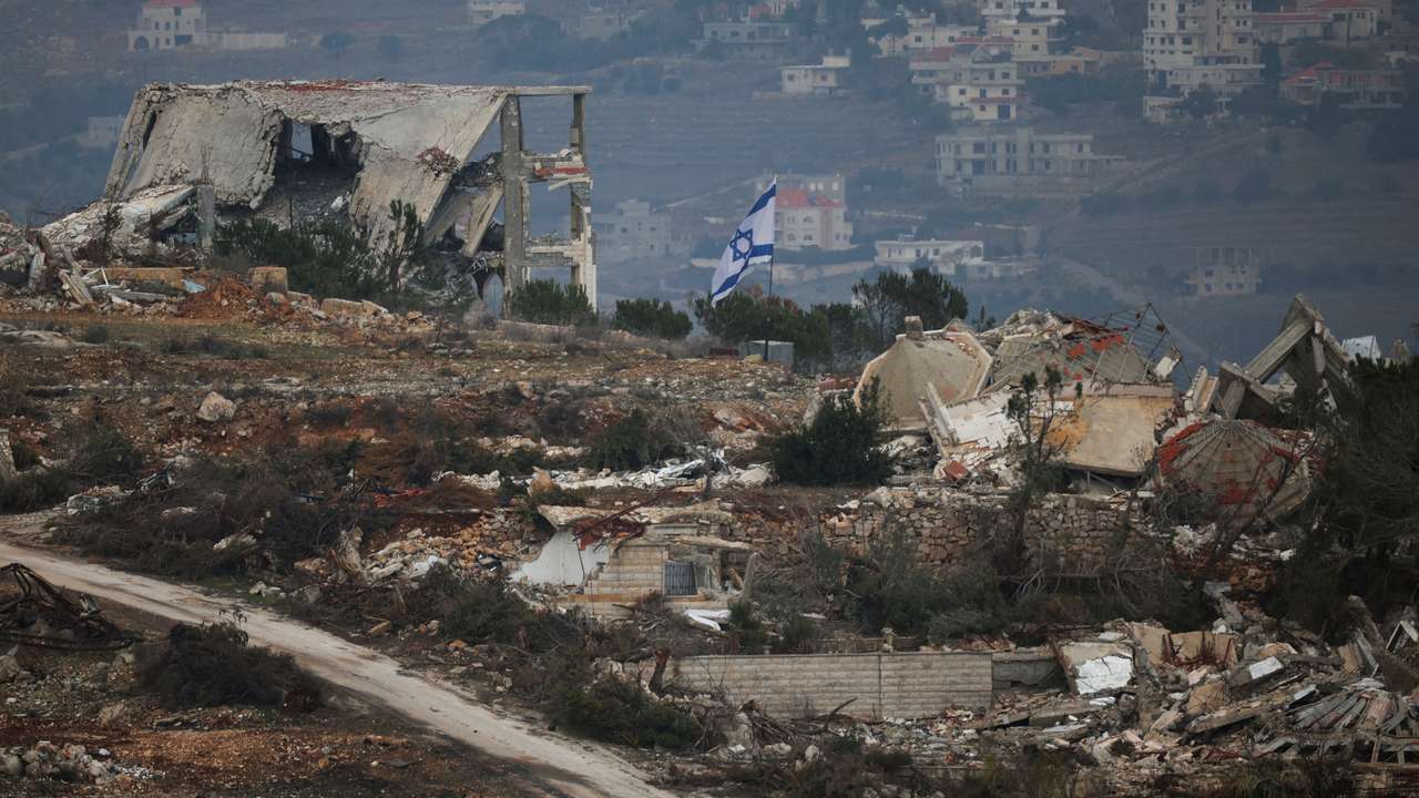 Buildings lie in ruin in Lebanon, near the Israel-Lebanon border, following the ceasefire between Israel and Iran-backed group Hezbollah