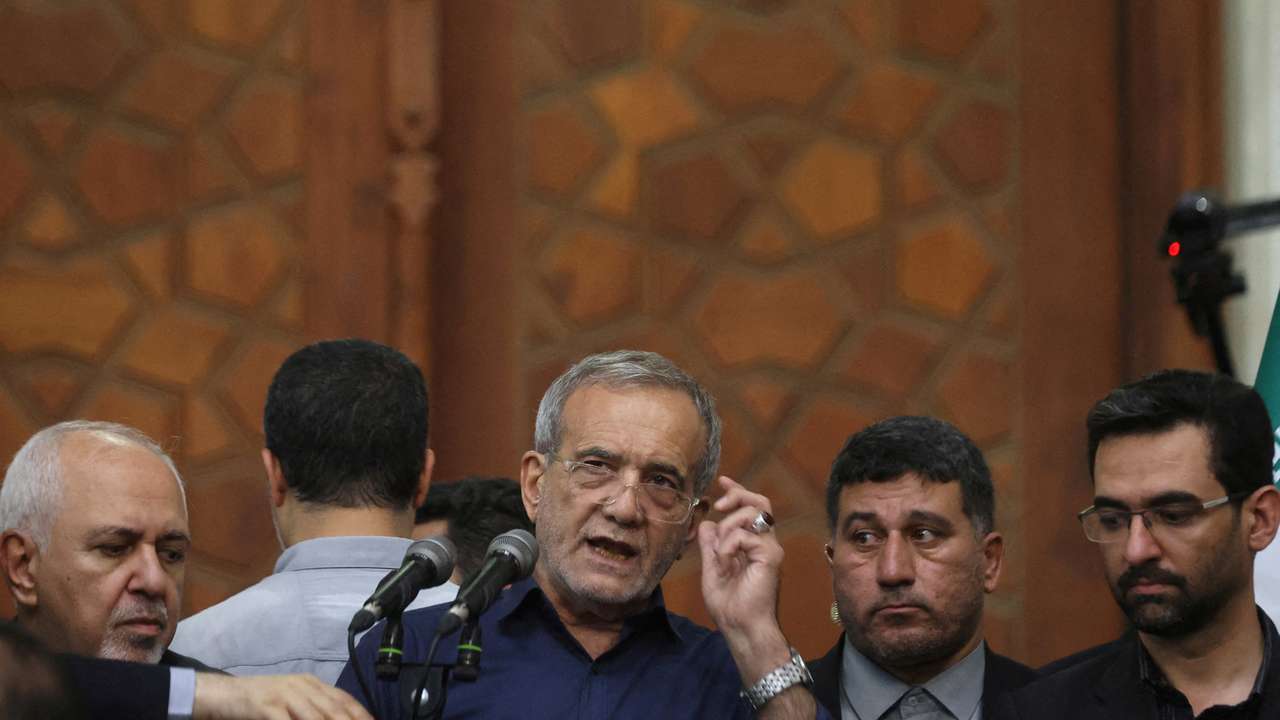 FILE PHOTO: Iran's President-elect Masoud Pezeshkian speaks during a gathering with his supporters at the shrine of Iran's late leader Ayatollah Ruhollah Khomeini, in south of Tehran
