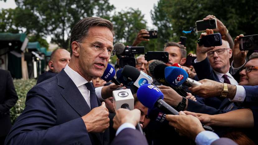 NATO Secretary General Mark Rutte speaks with journalists following a television interview at the White House, in Washington, D.C.