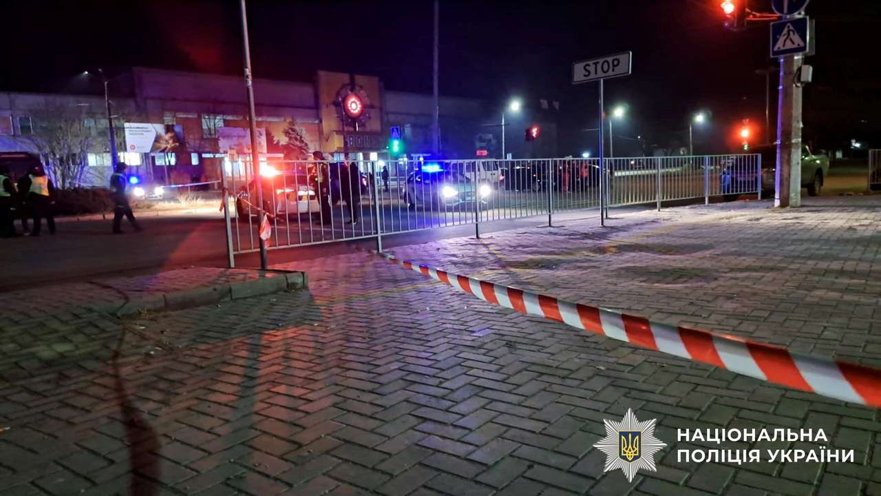 Cars at a petrol station where seven police officers were injured after explosion in Mykolaiv