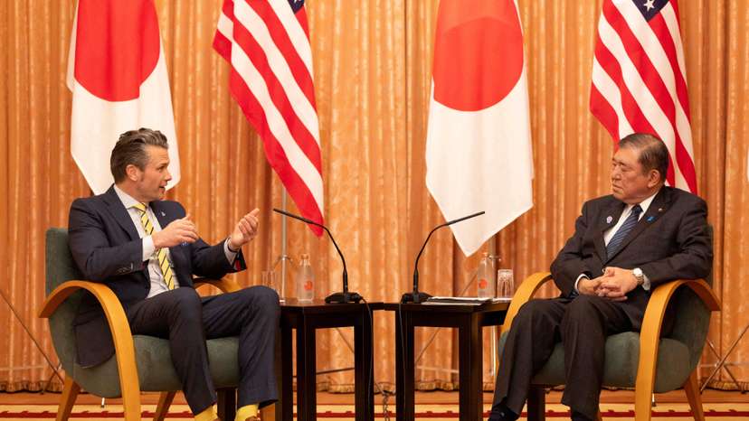 FILE PHOTO: US Secretary of Defense Pete Hegseth meets Japanese PM Ishiba at the Prime Minister’s office in Tokyo