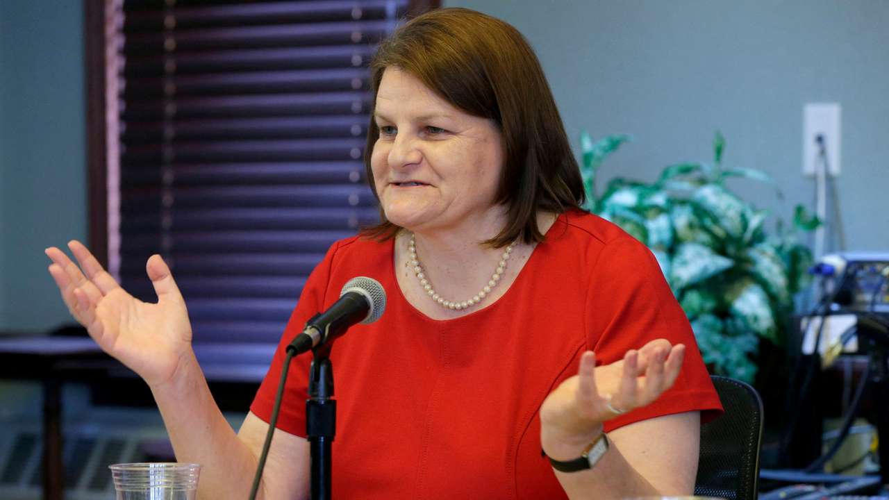 Hannah Dugan speaks as she was seeking election to Milwaukee County Circuit Court during a forum at the Milwaukee Bar Association in Milwaukee, Wisconsin