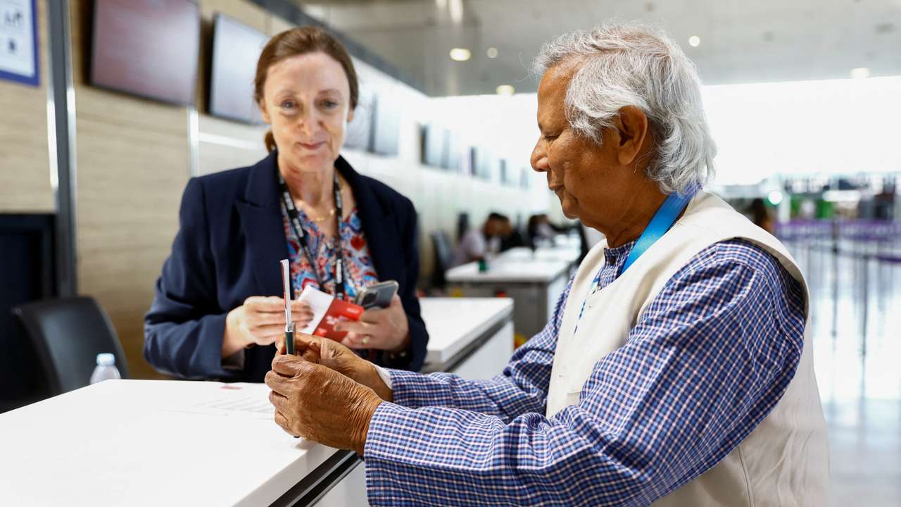 Nobel laureate Muhammad Yunus arrives at Paris Charles de Gaulle airport in Roissy-en-France