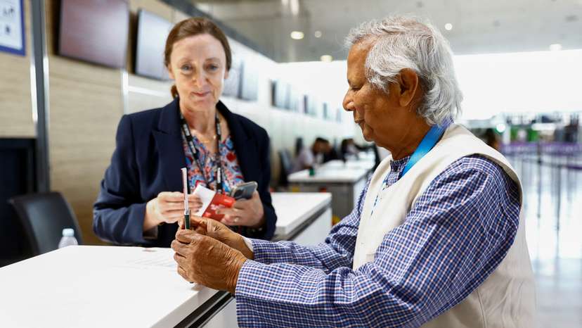 Nobel laureate Muhammad Yunus arrives at Paris Charles de Gaulle airport in Roissy-en-France
