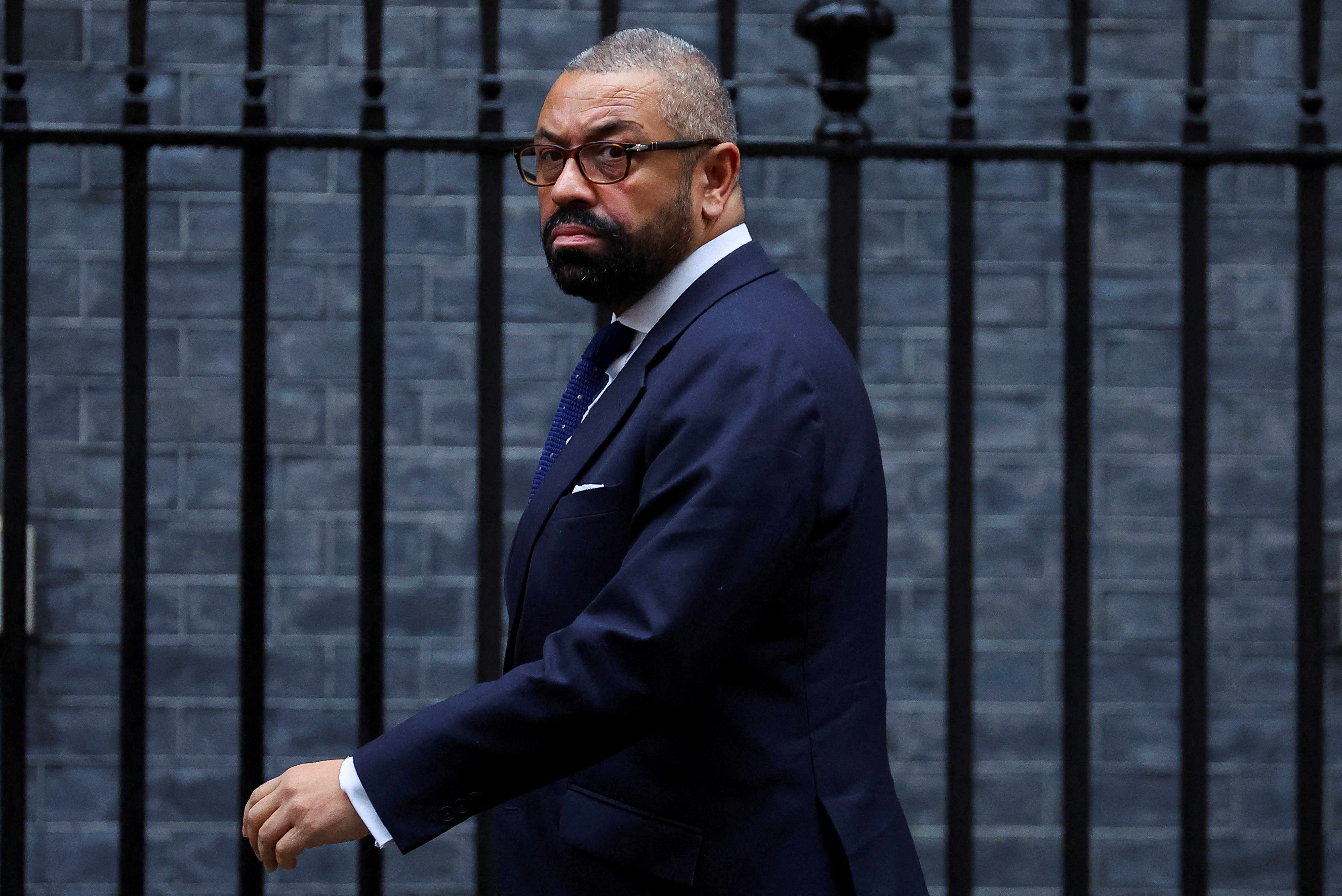 FILE PHOTO: British Home Secretary James Cleverly outside 10 Downing Street in London