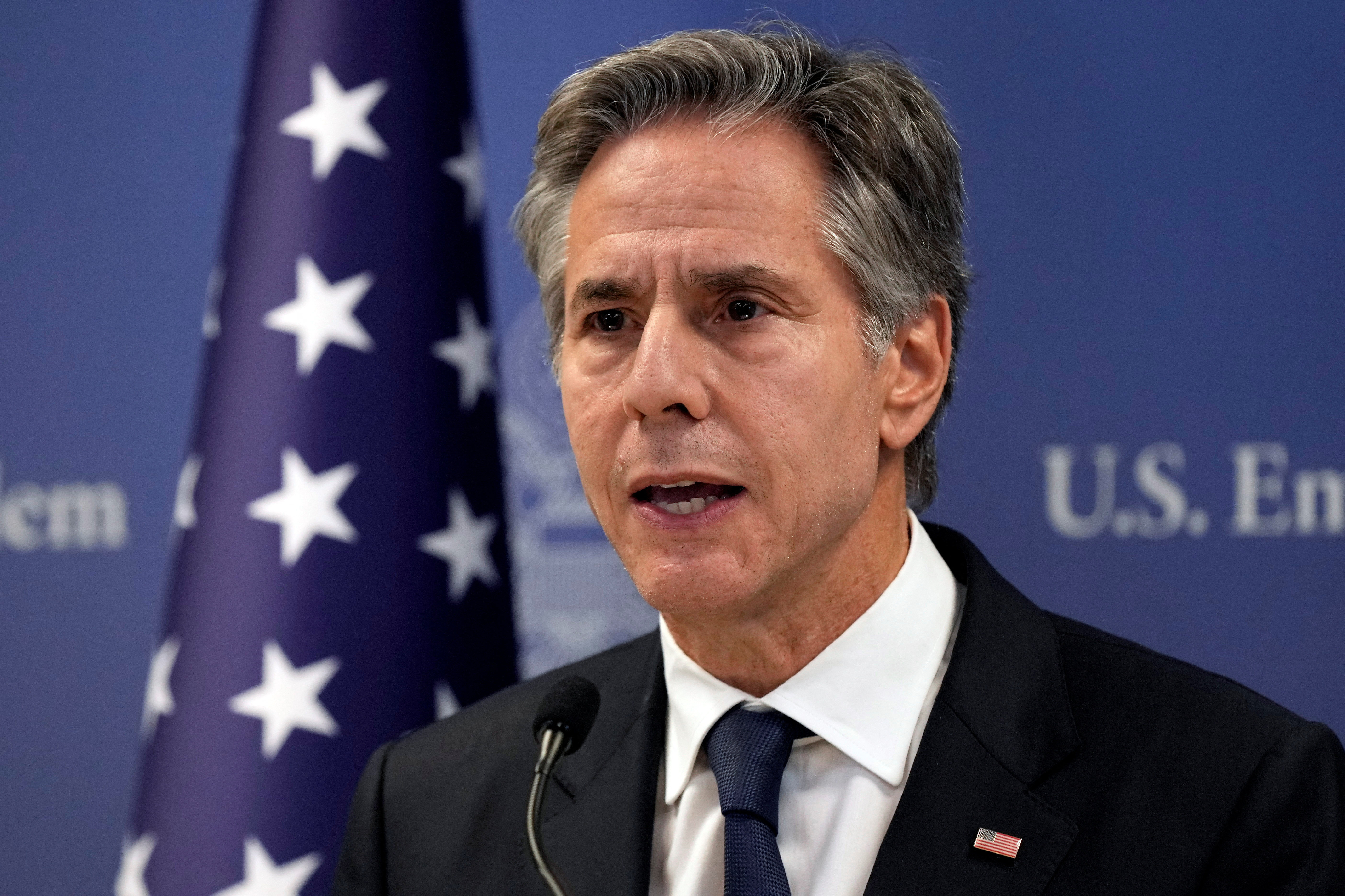 FILE PHOTO: U.S. Secretary of State Antony Blinken speaks in Tel Aviv