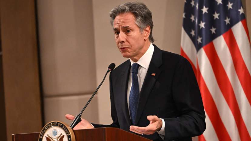 US Secretary of State Antony Blinken delivers a statement to the press, in Aqaba