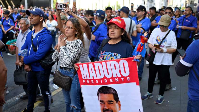 Demonstration outside the National Assembly in Caracas on the day Delcy Rodriguez was formally sworn in as Venezuela's interim president