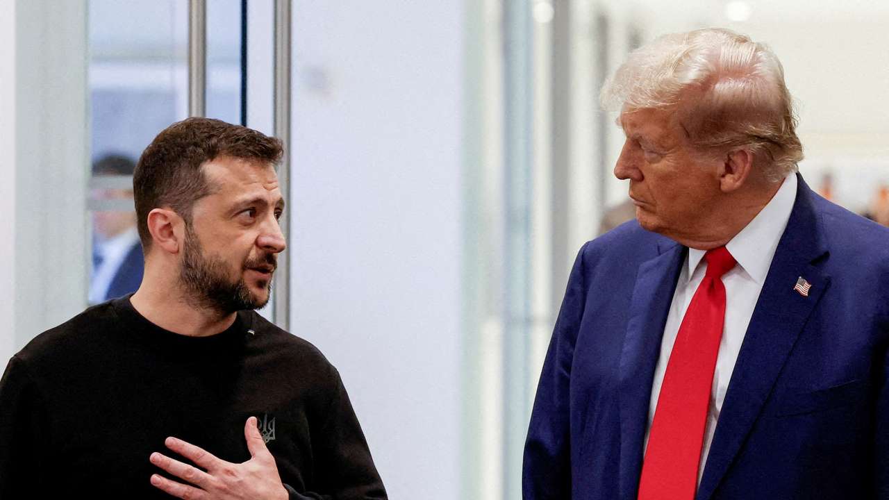FILE PHOTO: Republican presidential nominee and former U.S. President Donald Trump and Ukraine's President Volodymyr Zelenskiy meet in New York