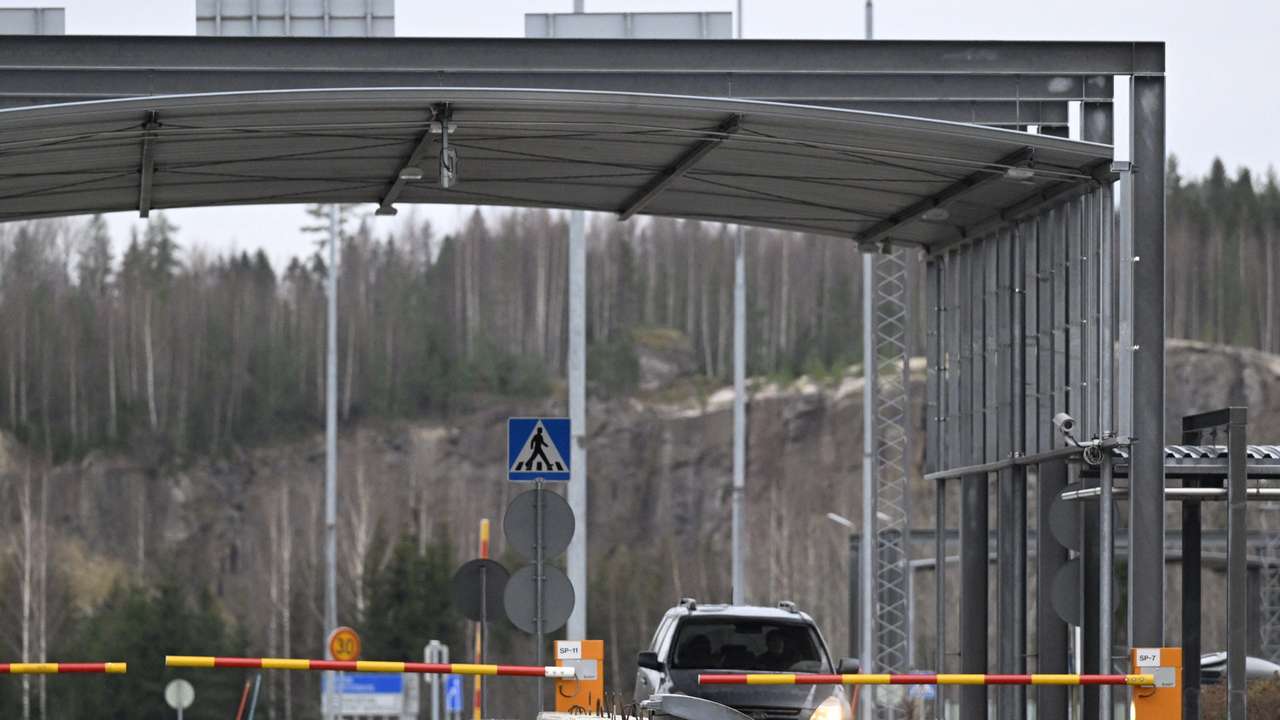 A car is seen at the border between Russia and Finland at the Nuijamaa border checkpoint in Lappeenranta