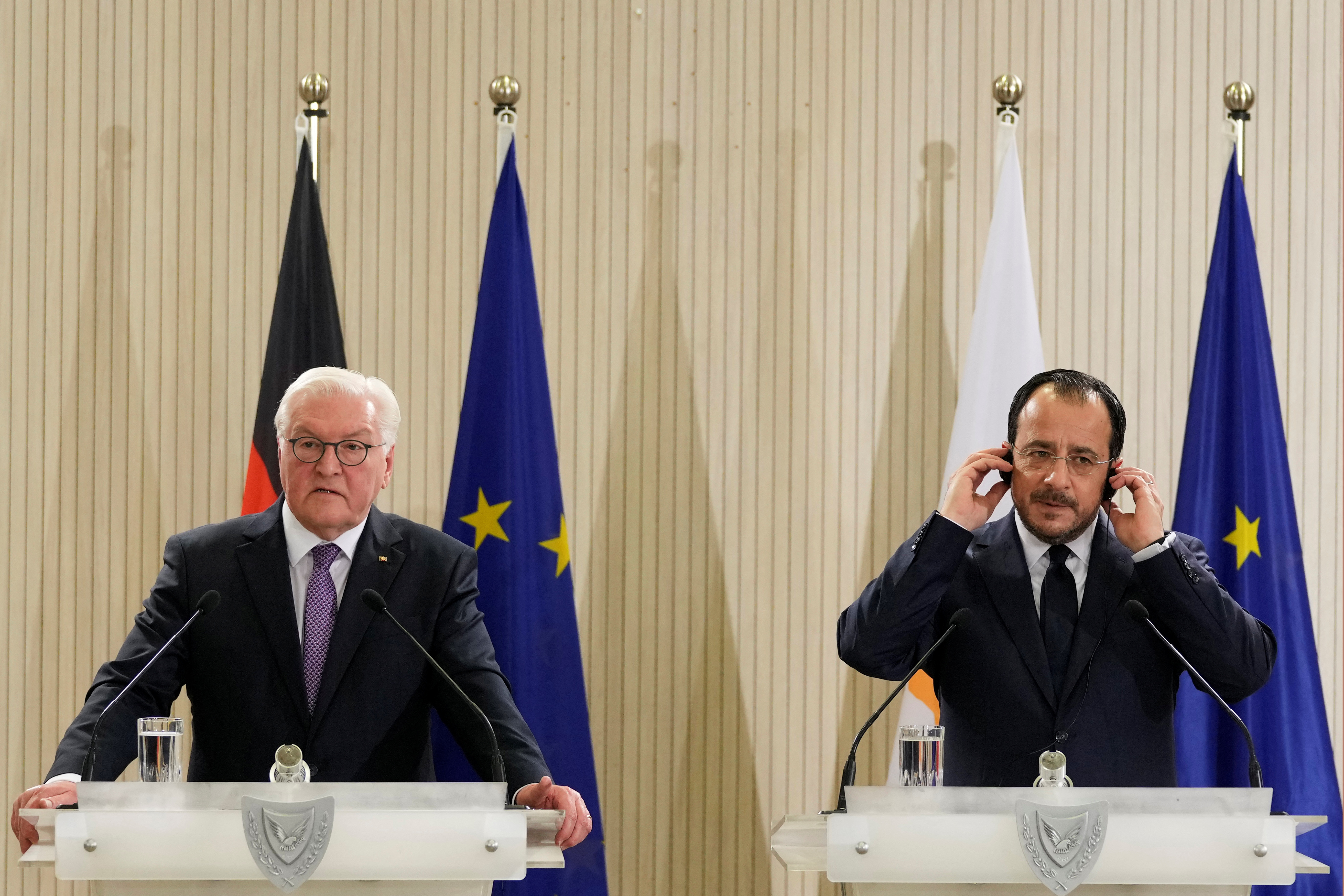 Cypriot President Nikos Christodoulides and German President Frank-Walter Steinmeier attend a press conference at the Presidential Palace in Nicosia,