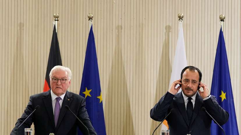Cypriot President Nikos Christodoulides and German President Frank-Walter Steinmeier attend a press conference at the Presidential Palace in Nicosia,