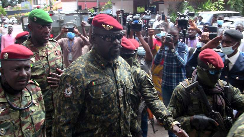 FILE PHOTO: Special forces commander Mamady Doumbouya, who ousted President Conde, walks out after meeting the envoys from ECOWAS about the Guinea crisis to discuss ways steer the country back toward a constitutional