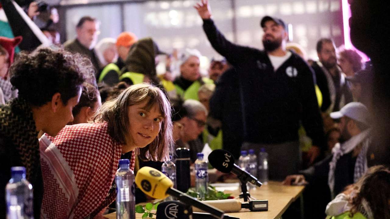 Greta Thunberg and activists from the Global Sumud Flotilla hold a press conference in central Stockholm