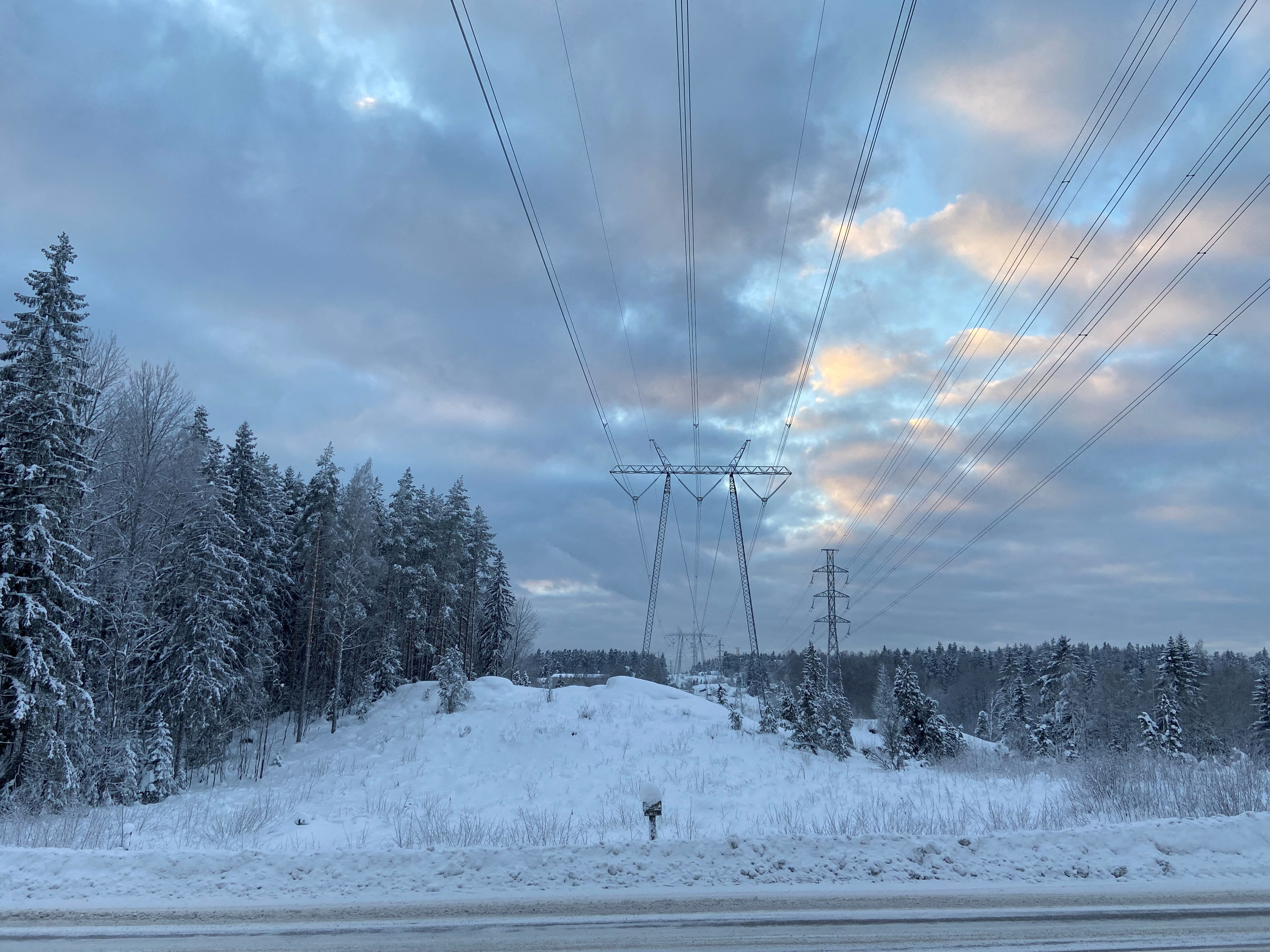 FILE PHOTO: Powerlines are pictured in snowy Espoo