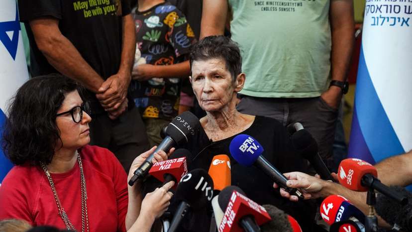 Lifshitz, an Israeli grandmother who was held hostage in Gaza, speaks to members of the press after being released by Hamas militants, at Ichilov Hospital in Tel Aviv, Israel