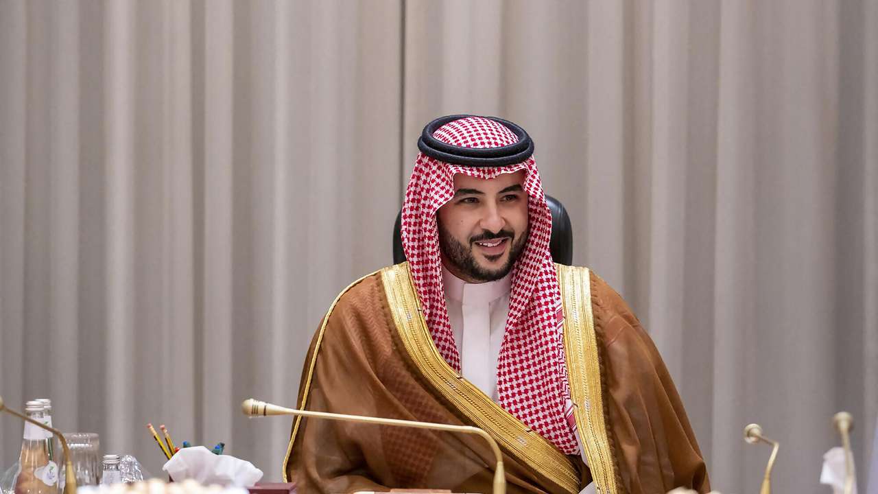 Saudi's new Defence Minister, Prince Khalid bin Salman chairs his first meeting with military officials in the Ministry of Defence in Riyadh, Saudi Arabia