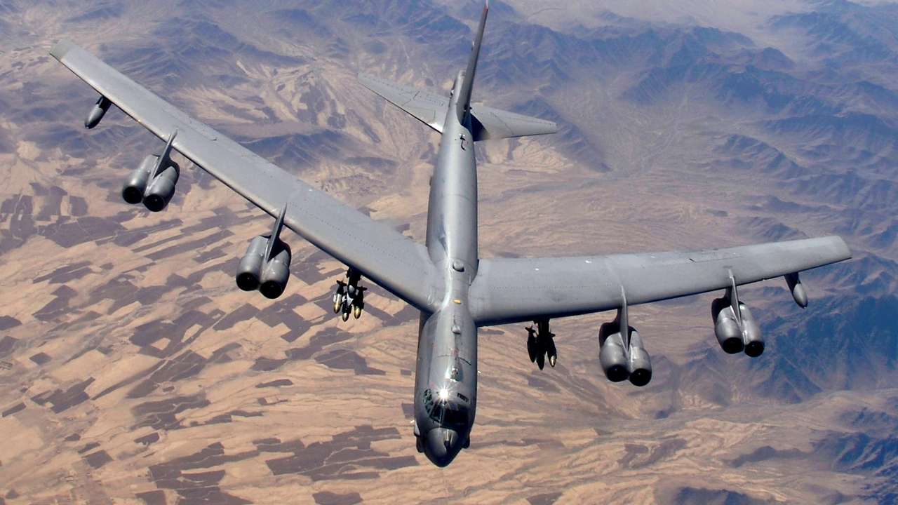 A B-52 Stratofortress, flown by Capt. Will Byers and Maj. Tom Aranda, prepares for refueling over Afghanistan during a close-air-support mission