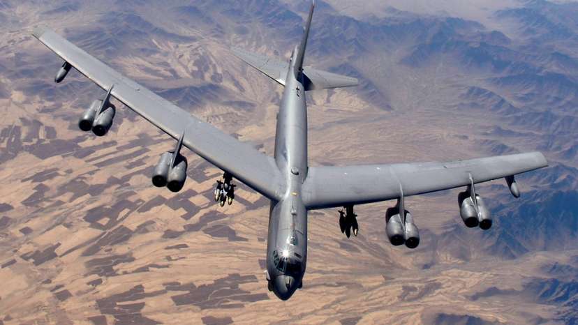 A B-52 Stratofortress, flown by Capt. Will Byers and Maj. Tom Aranda, prepares for refueling over Afghanistan during a close-air-support mission