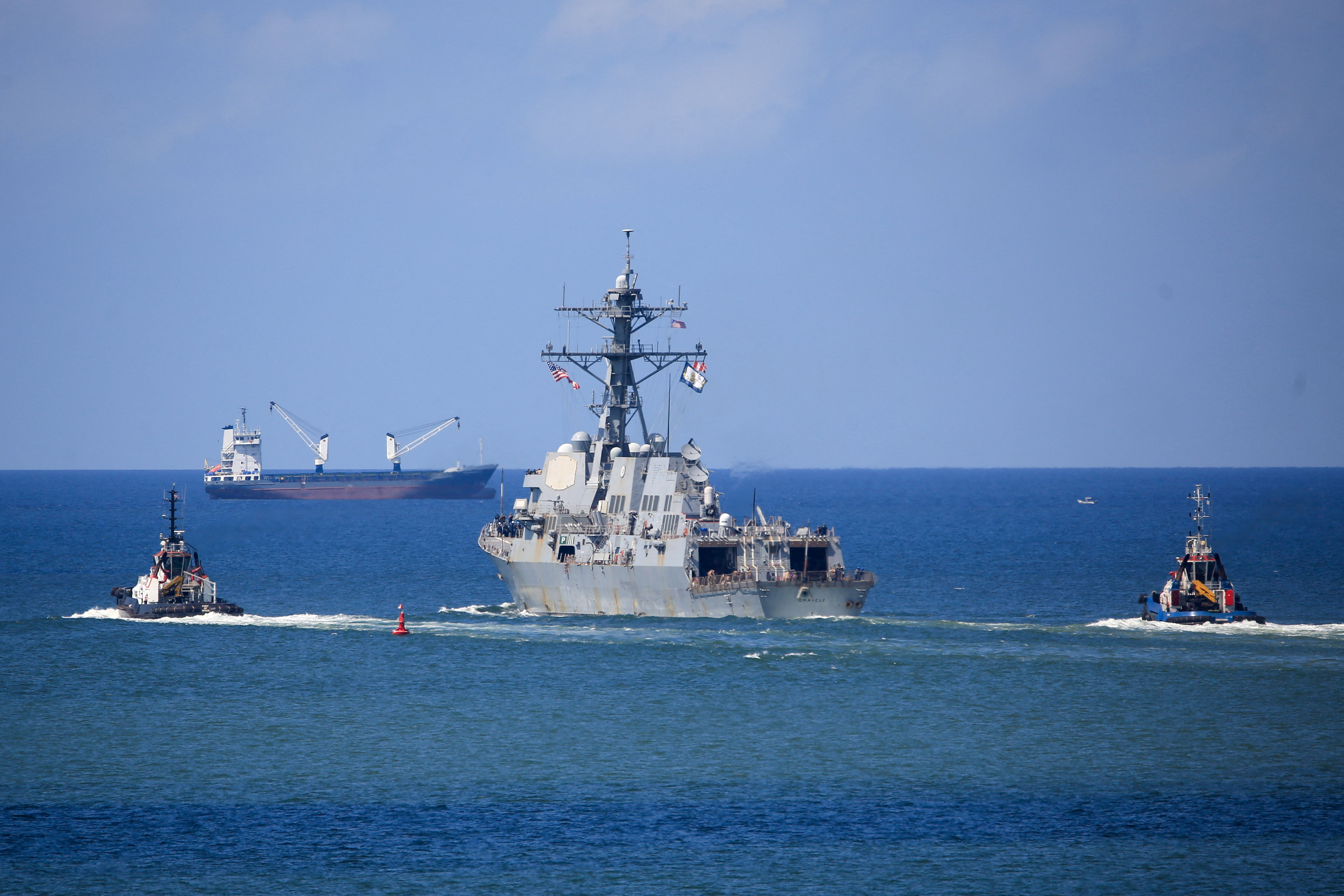 U.S. Navy destroyer USS Gravely sails off the coast of Trinidad and Tobago