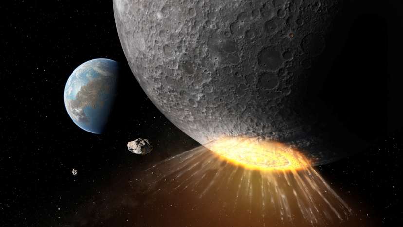 Artistic rendering shows an asteroid or comet striking near the Moon's south pole about 3.8 billion years ago