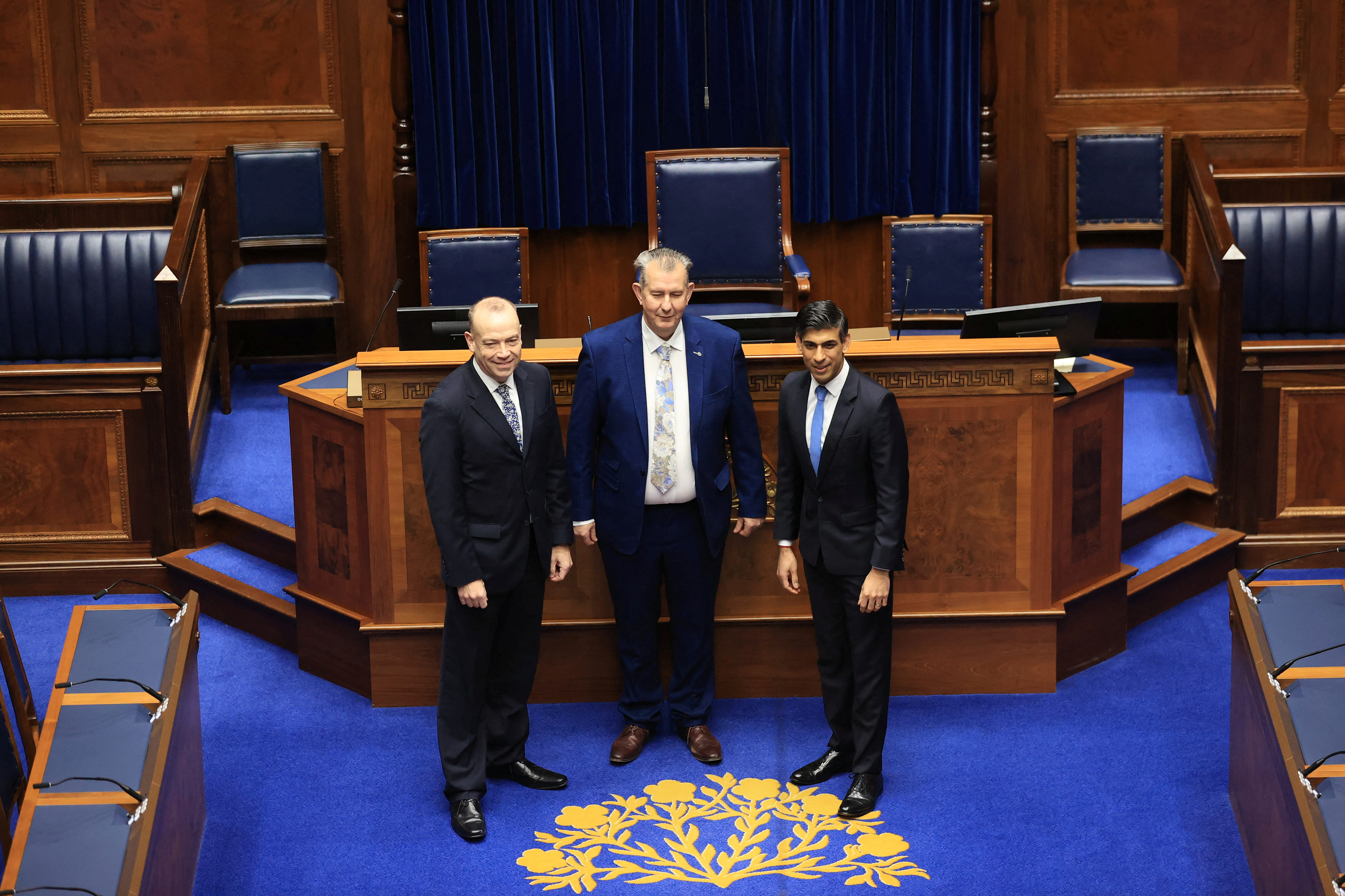 Speaker of the Northern Ireland Assembly DUP MLA Poots, British PM Sunak and Northern Ireland Secretary Heaton-Harris tour the Assembly Chamber at Parliament Buildings at Stormont