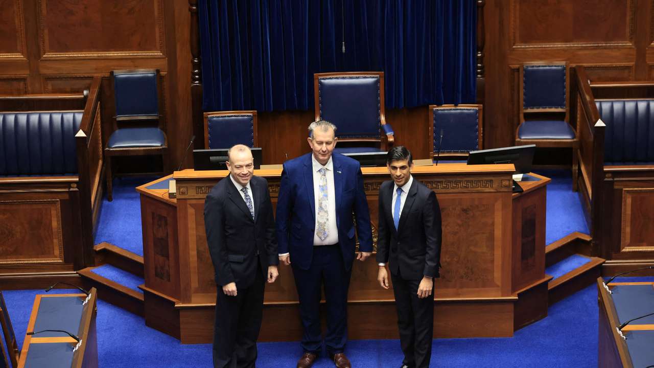 Speaker of the Northern Ireland Assembly DUP MLA Poots, British PM Sunak and Northern Ireland Secretary Heaton-Harris tour the Assembly Chamber at Parliament Buildings at Stormont