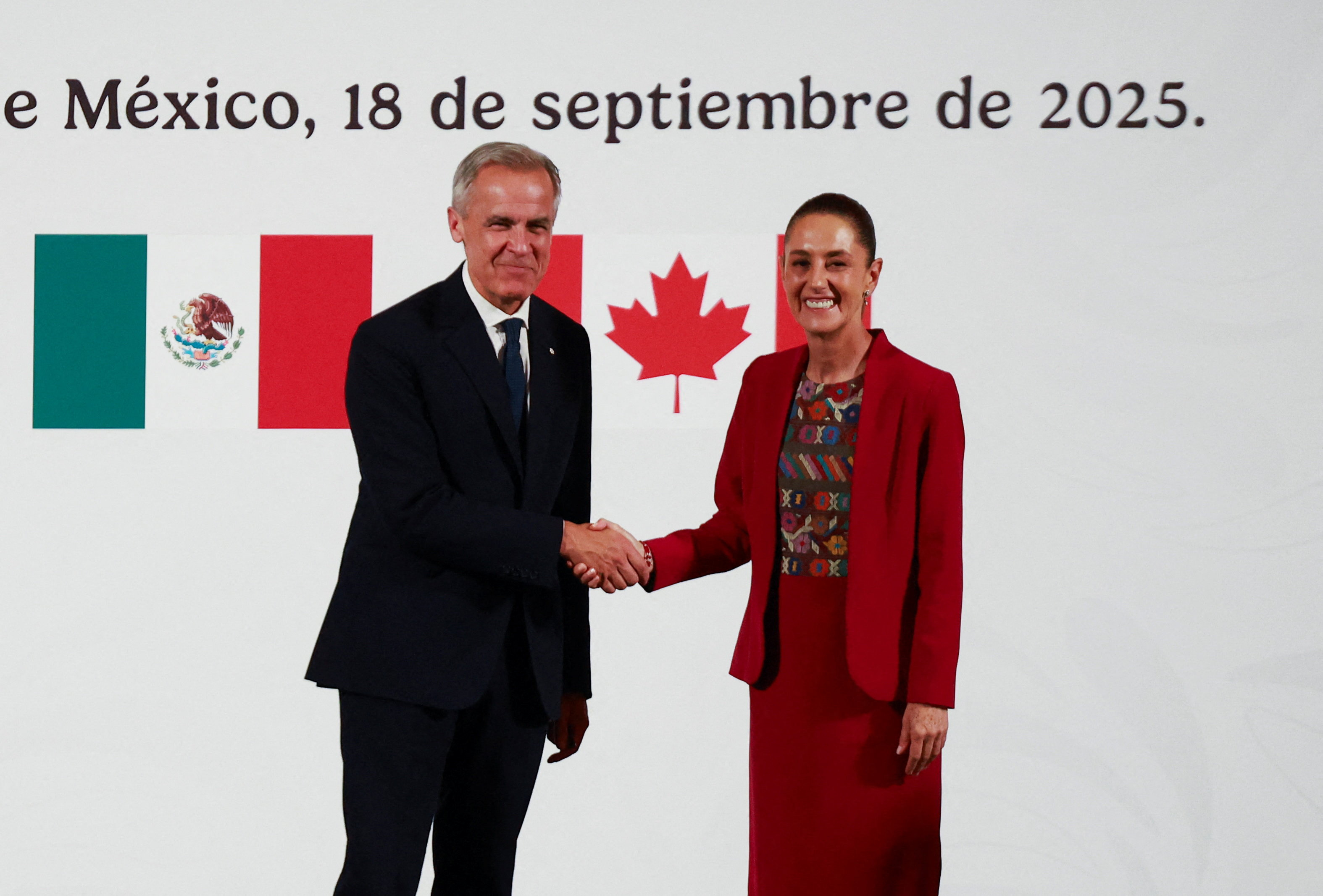 Mexican President Claudia Sheinbaum and Canadian PM Mark Carney hold a press conference, in Mexico City