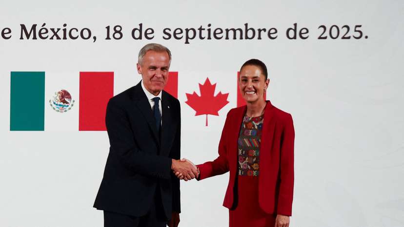 Mexican President Claudia Sheinbaum and Canadian PM Mark Carney hold a press conference, in Mexico City